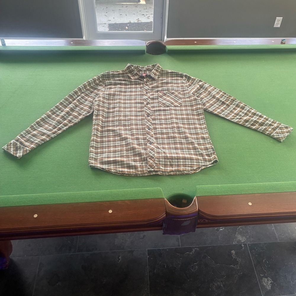 Quiksilver Flannel Button Up Brown and Green Checkered Shirt Large